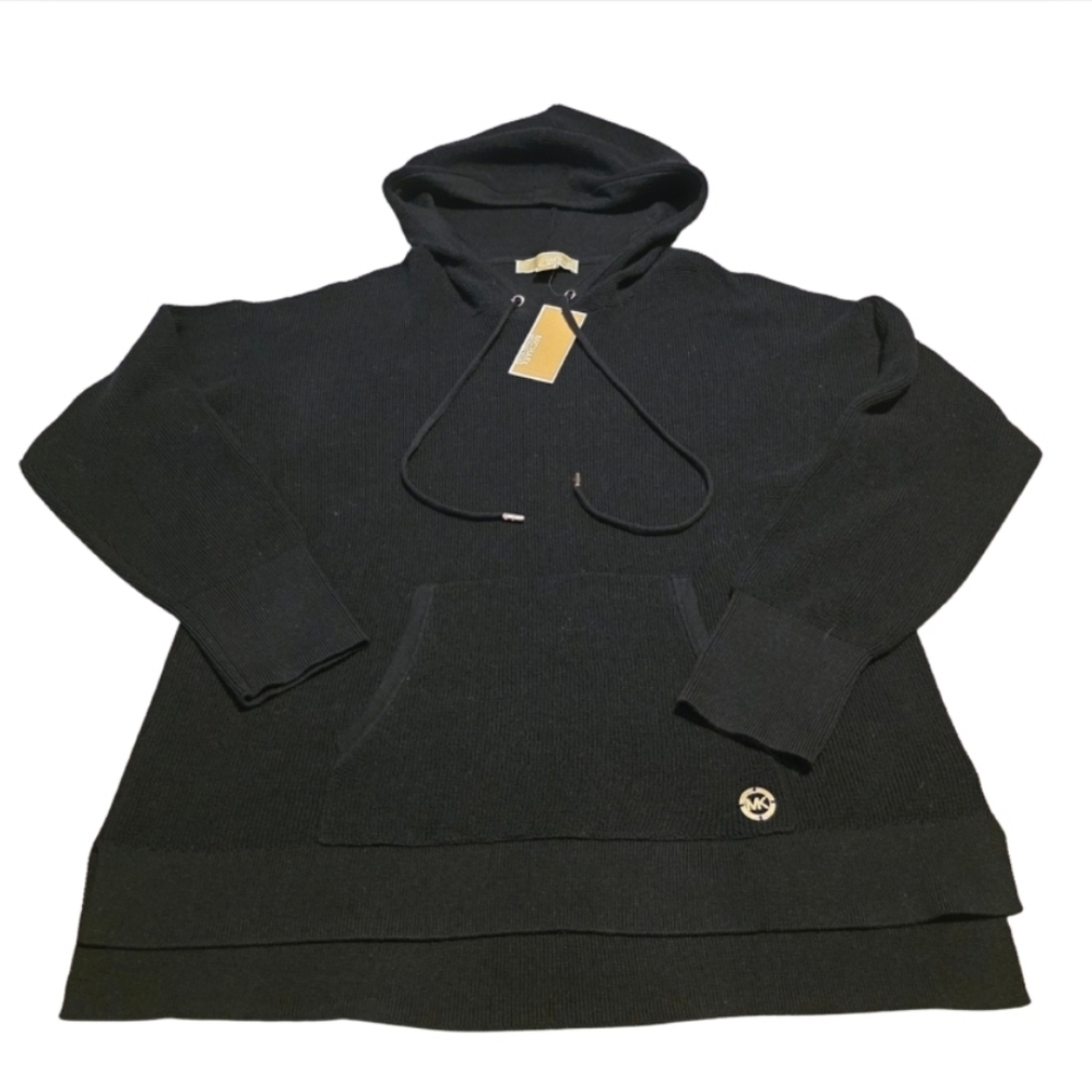 NWT Michael Kors Black Hooded Knit Sweater • Drawstring Hoodie • Size L